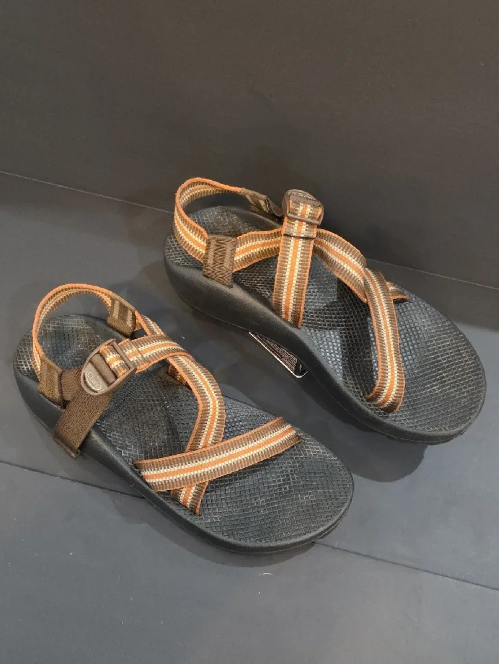 Chaco Men's Vibram Black Sandals with Brown and Orange Straps
